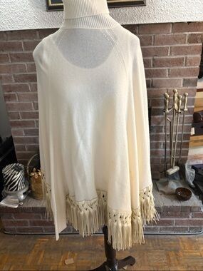 Turtleneck Fringe Poncho Sweater - Cream
